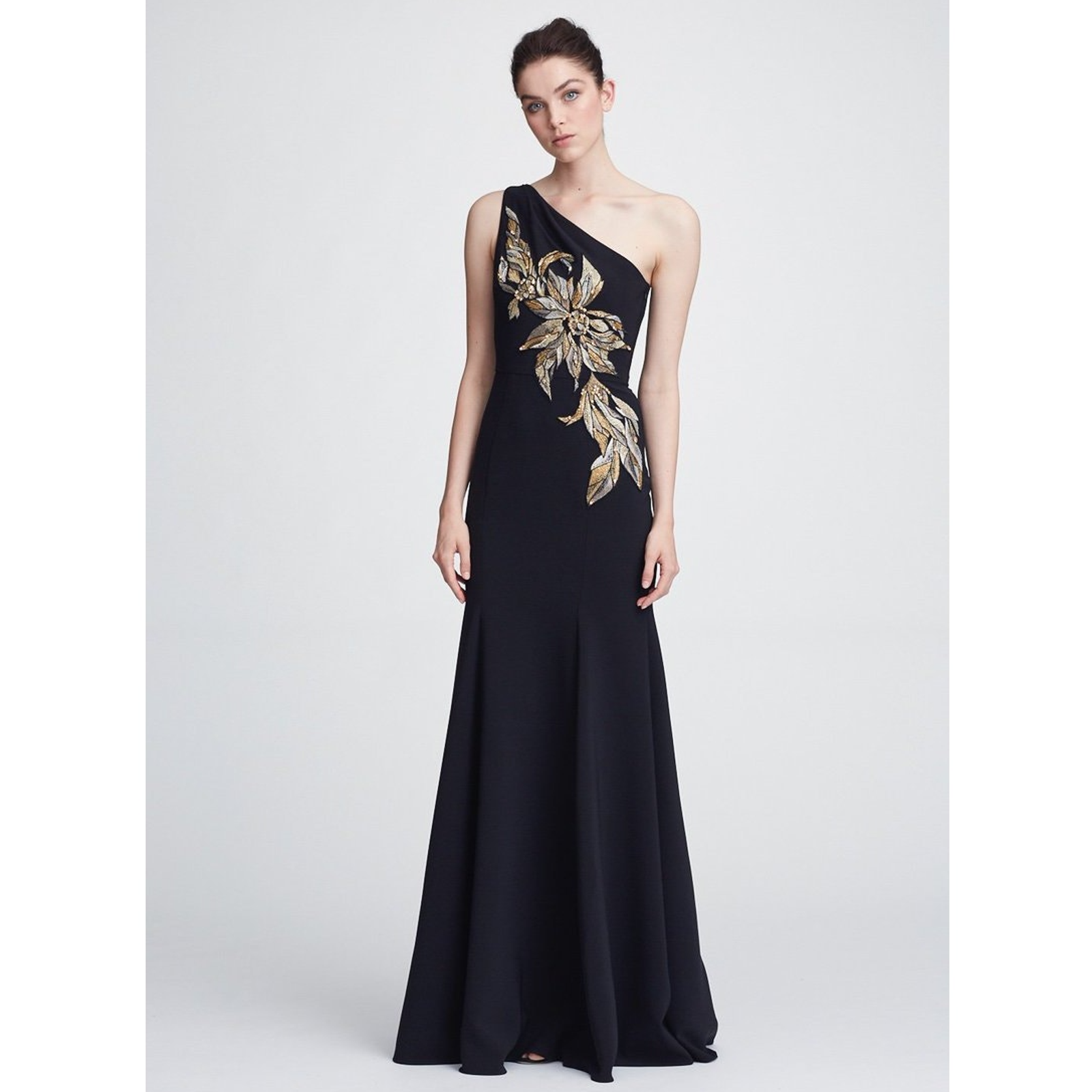 Marchesa Black Gown Floral Beaded Embroidered One-Shoulder Dress Sz 6
